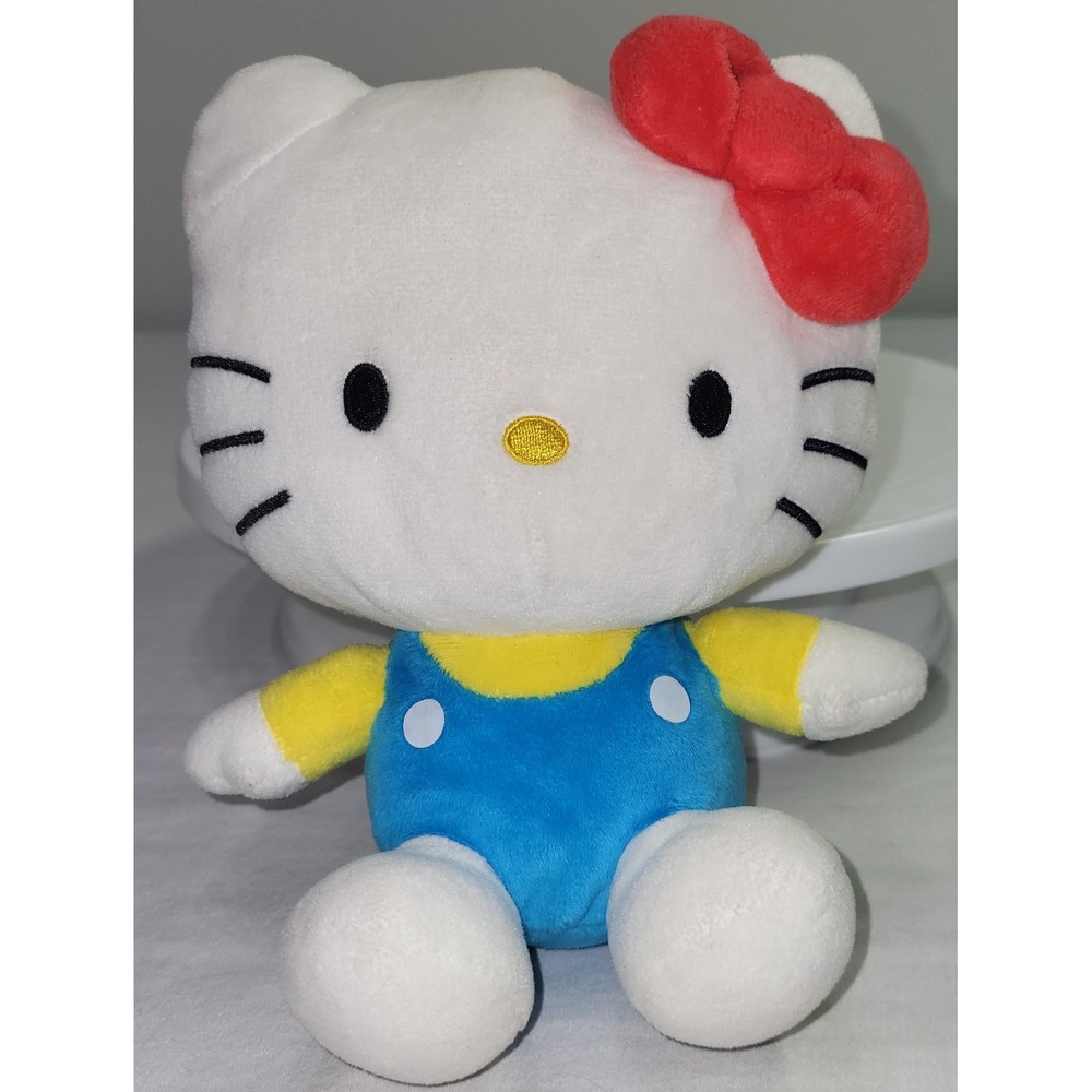 Hello Kitty Classic 8" Plush Blue Overalls Yellow Shirt Red Bow Stuffed Toy